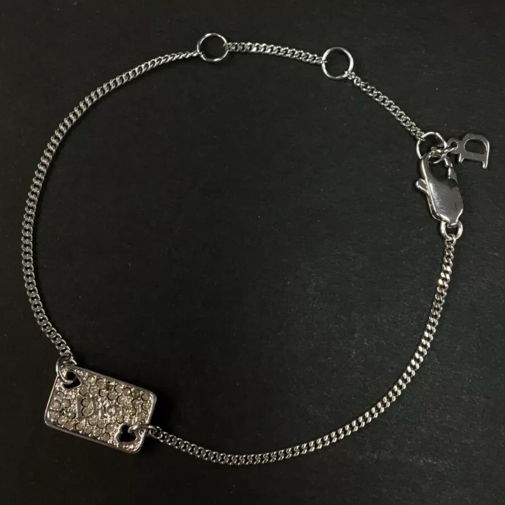 Authentic Christian Dior Logo Rhinestone Silver Tone Bracelet